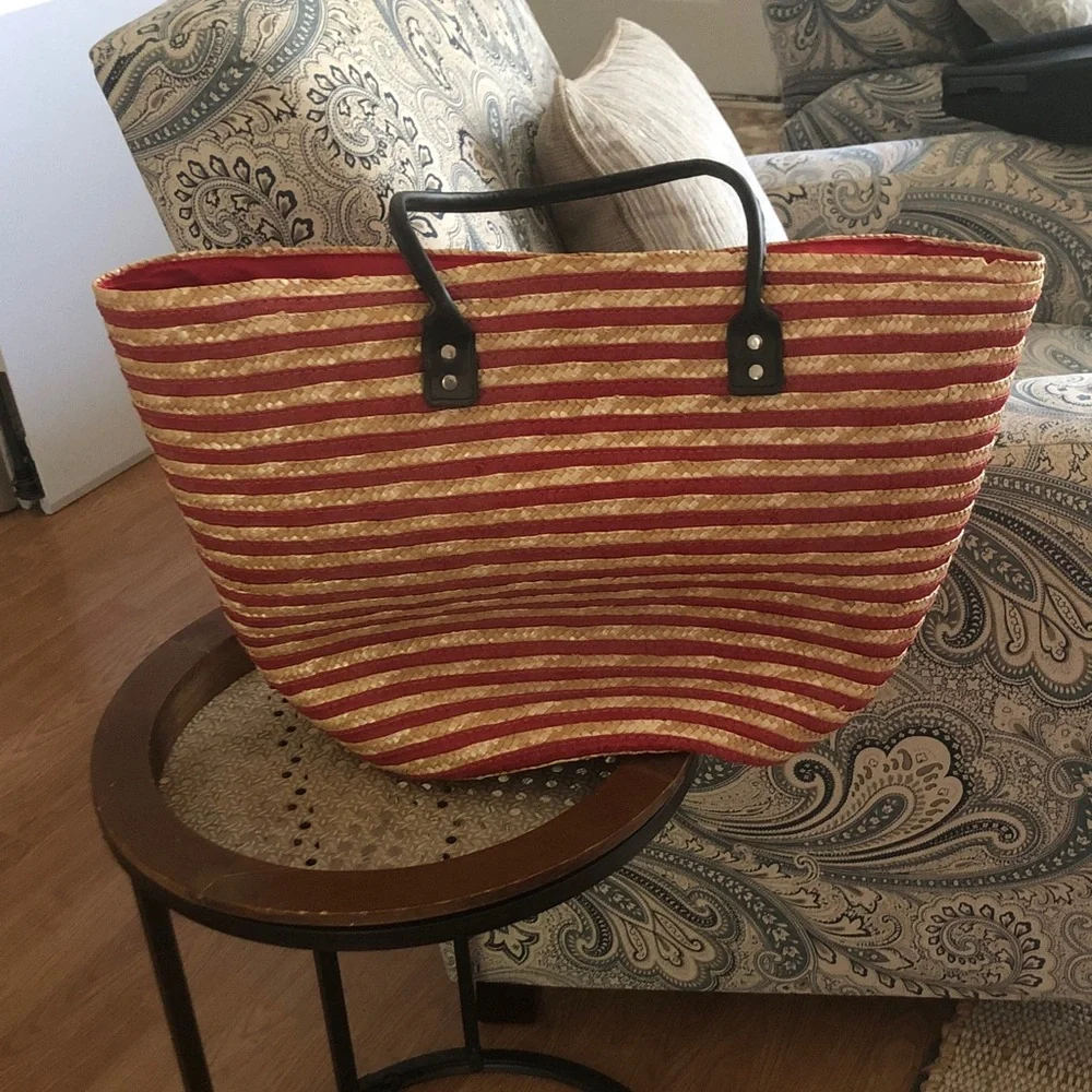 Red and Natural Striped Woven Tote with Black Handles